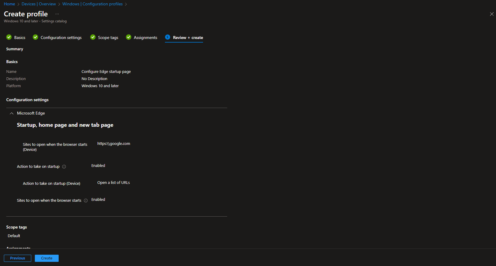 Review and create the configuration profile